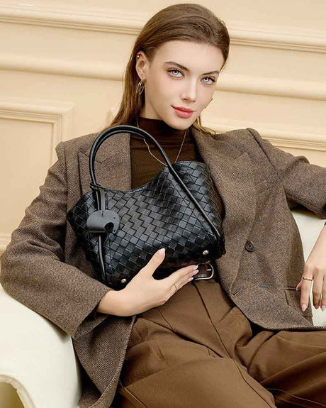 Women's black Genuine Leather Woven Bucket Bag