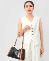 Women's black Genuine Leather Woven Contrast Trim handBag