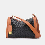 black Genuine Leather Woven Contrast Trim Bag
