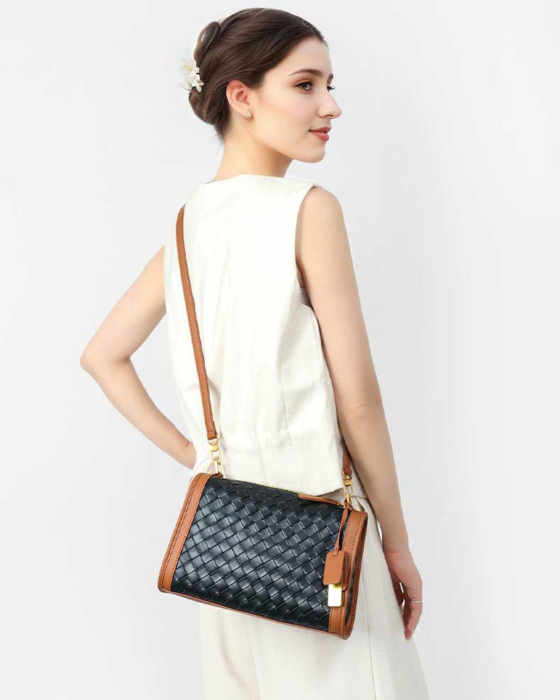 Women's Genuine Leather Woven Contrast Trim crossbody Bag