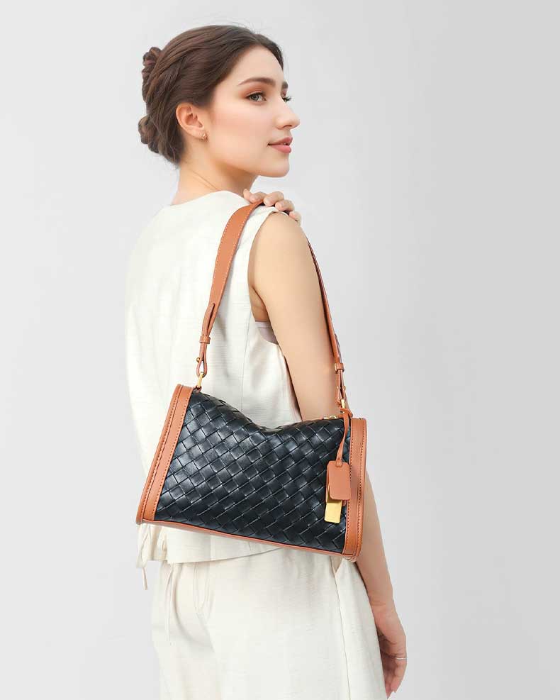 Women's black Genuine Leather Woven Contrast  Bag