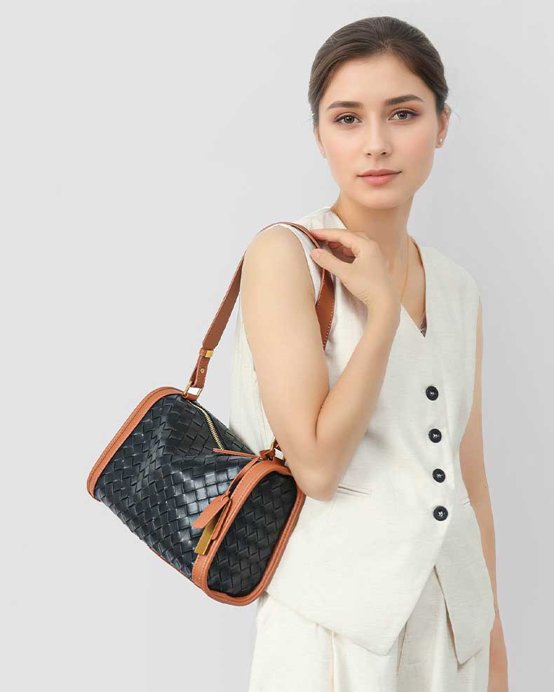 Women's black Genuine Leather Woven Contrast Trim Shoulder Bag