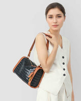 Women's black Genuine Leather Woven Contrast Trim Shoulder Bag
