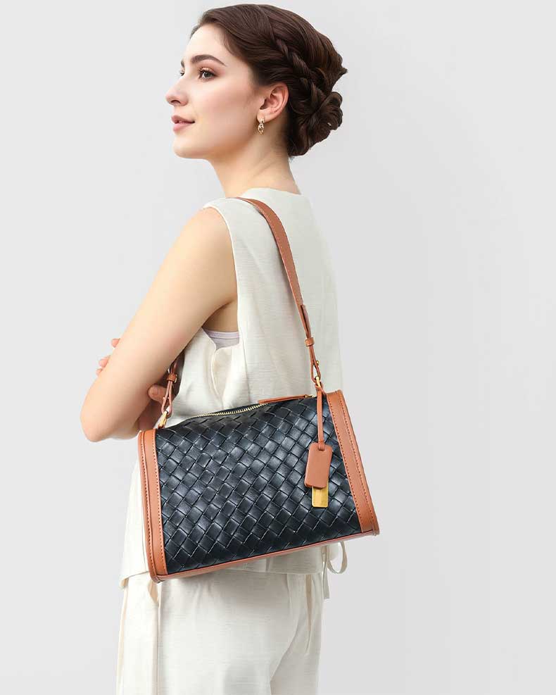 Women's Leather Woven Contrast Trim  Bag 