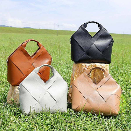 Four woven handbags in different colors :black,brown,gray,khaki