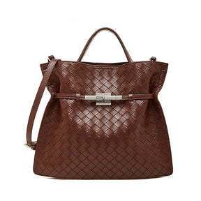 Women's brown Genuine Leather Woven Lock Handbag