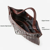 Brown handbag with labeled compartments 