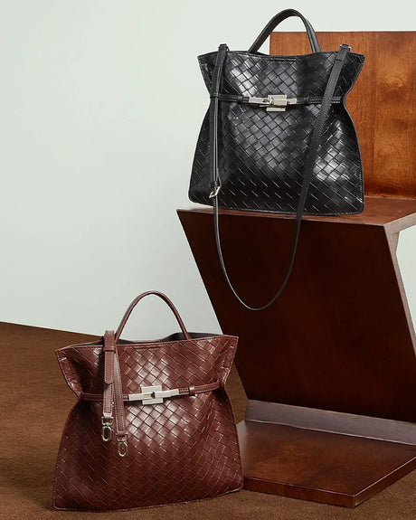 Two woven handbags, one black and one brown