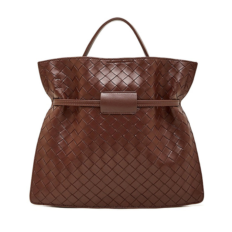 Brown woven handbag back