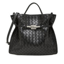 Black woven handbag with a silver clasp 