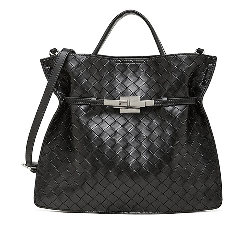 Black woven handbag with a silver clasp 