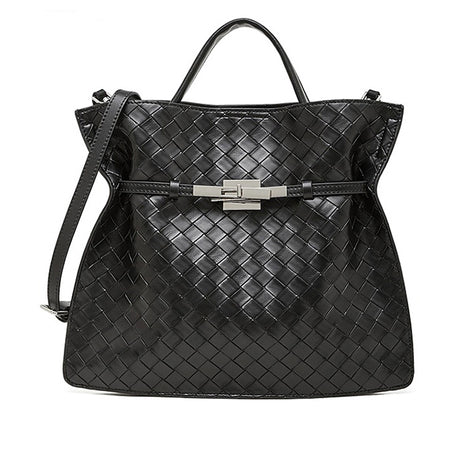 Black woven handbag with a silver clasp 