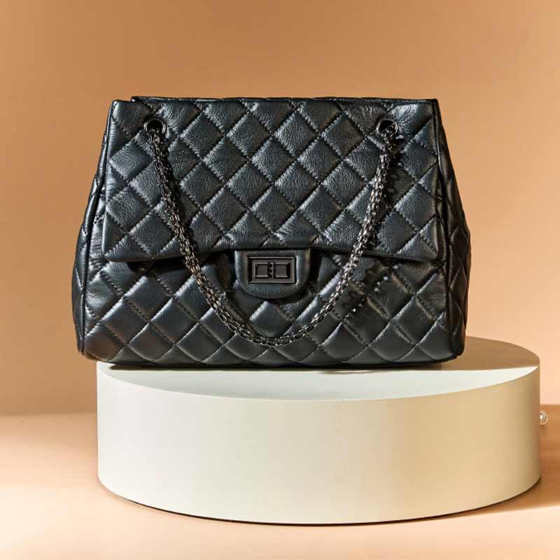 black Leather Quilted Flap Chain Bag