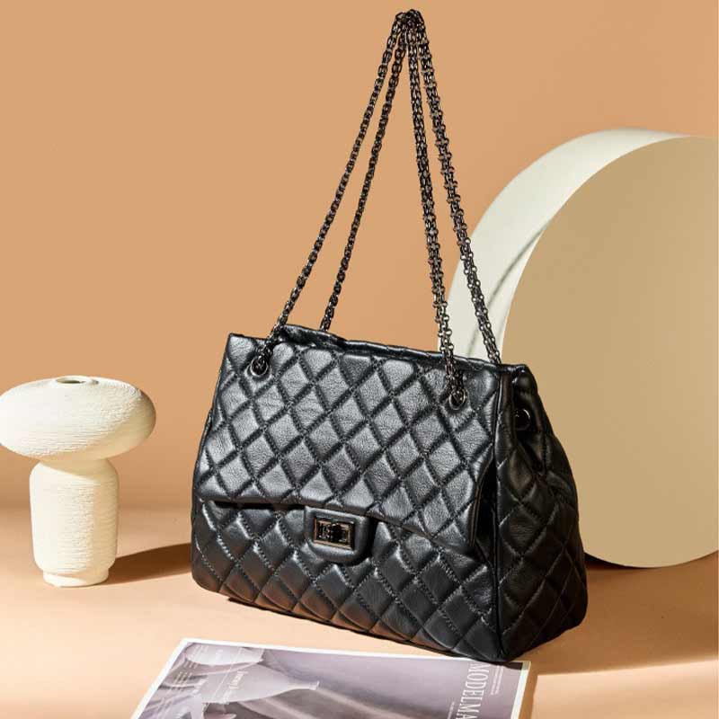 black Genuine Leather Quilted Flap Chain shoulder Bag