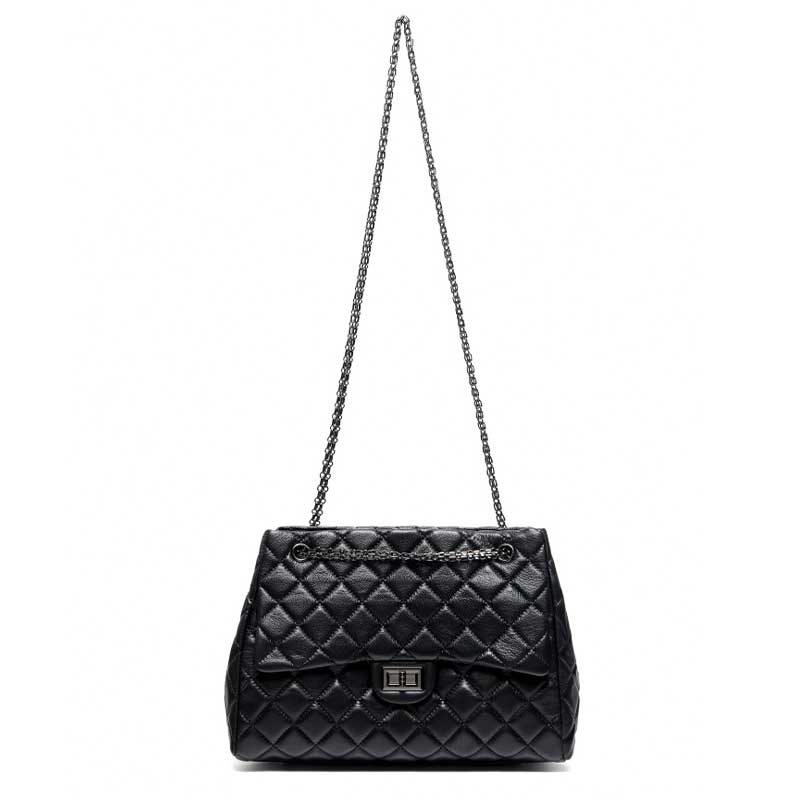 Black quilted handbag with a long chain strap 
