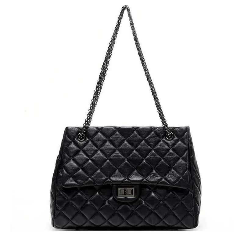 black  Genuine Leather Quilted Flap Chain Bag