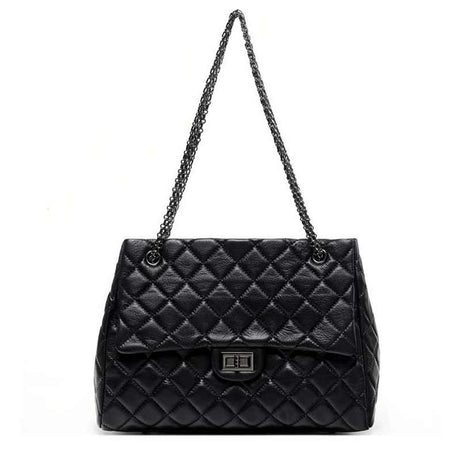 black  Genuine Leather Quilted Flap Chain Bag