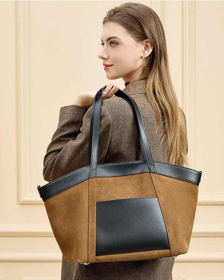 Women caramel Patchwork black Large Capacity leather and suede tote