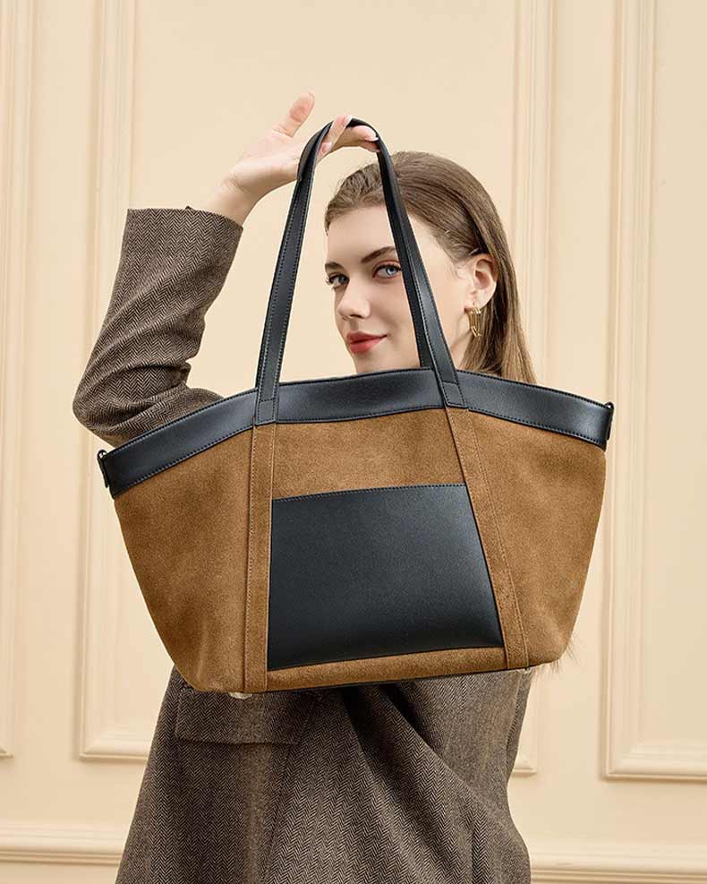 Woman holding a caramel Patchwork black Large Capacity Suede Leather Tote Bag 