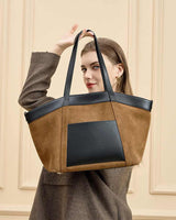Woman holding a caramel Patchwork black Large Capacity Suede Leather Tote Bag 