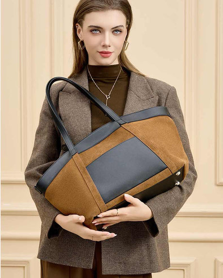 women caramel Patchwork black Large Capacity Suede Leather Tote Bag 