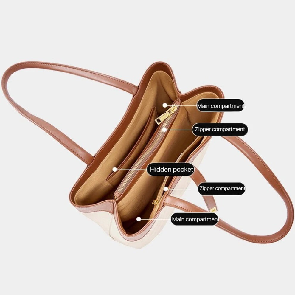 Open handbag showing compartments with labels 