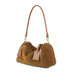 Brown suede handbag with matching strap on a white background