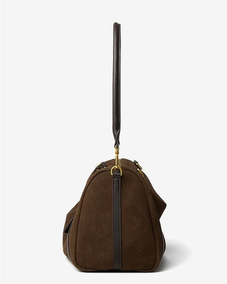 Brown handbag with a black handle on a white background
