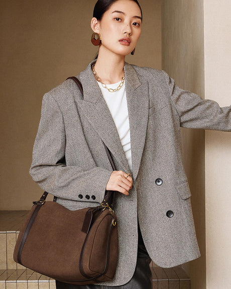 brown Suede Leather Boston tote Bag