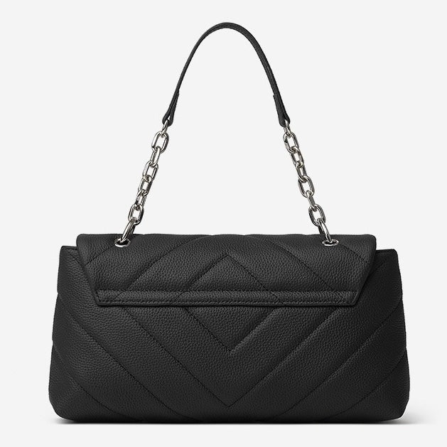 Black handbag with a chain strap back view