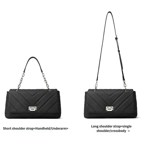 Black handbag with short shoulder strap on the left and long shoulder strap 