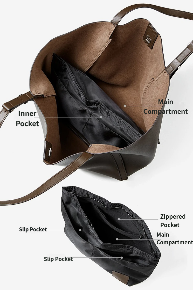 coffee Brown leather bag with labeled compartments 
