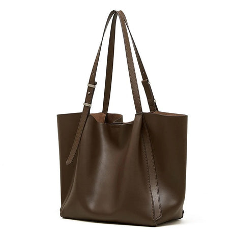 Womens Minimalist coffee brown genuine leather large tote bag 