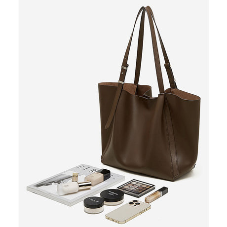 Brown tote bag with makeup items