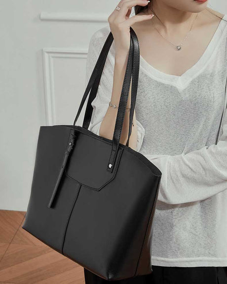 Women's black Minimalist Vegetable-Tanned Leather Tote Bag