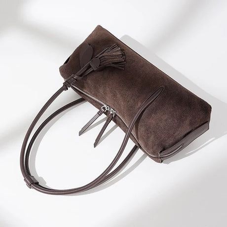 coffee Brown suede handbag with a tassel 