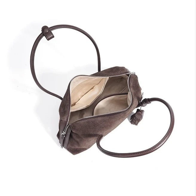 coffee Brown suede handbag with a strap 