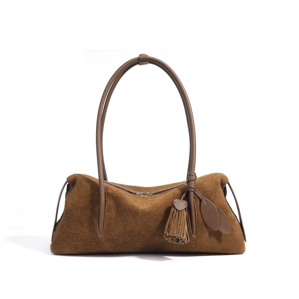 Brown Nubuck Leather handbag with a tassel 