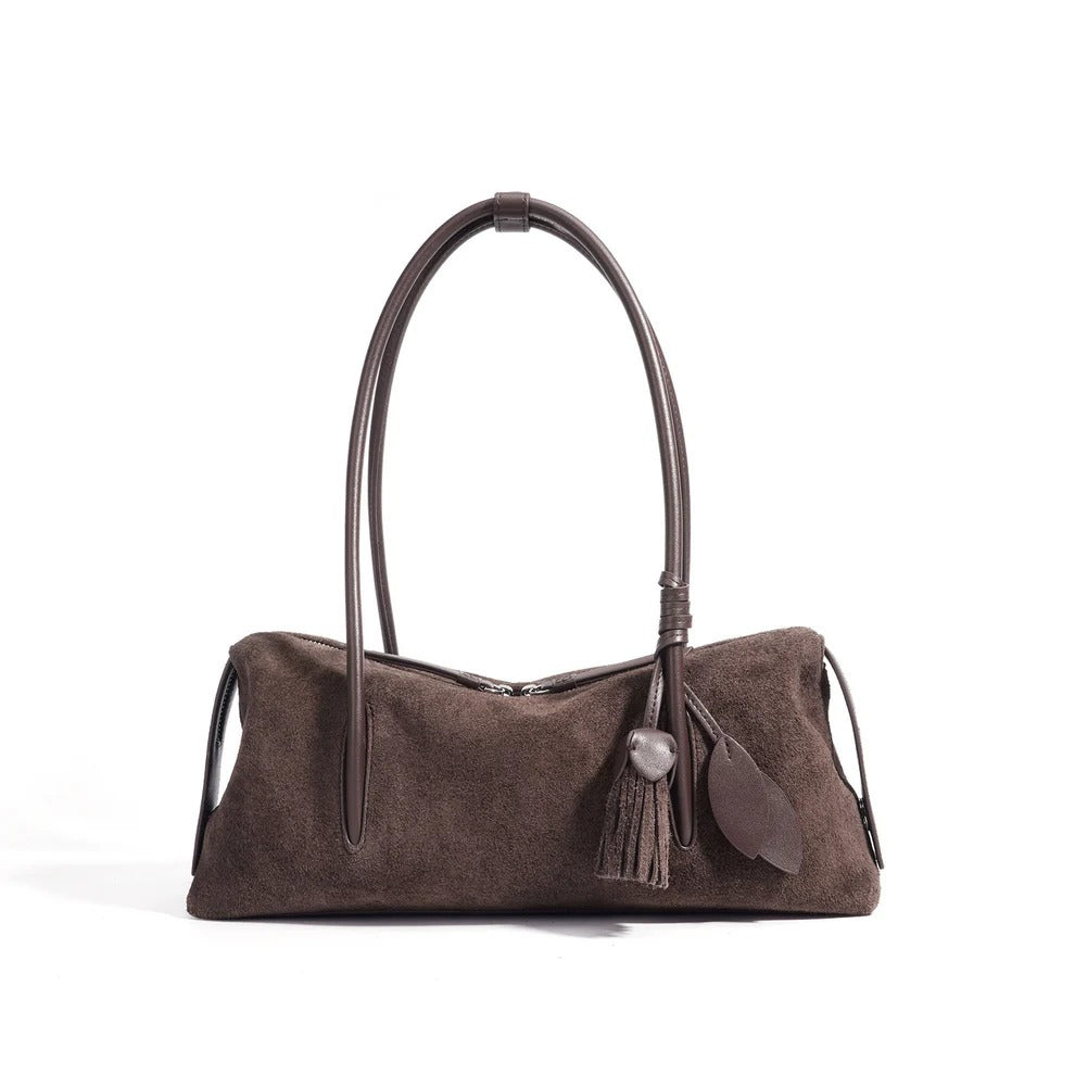 coffee Brown Nubuck Leather handbag with a tassel 