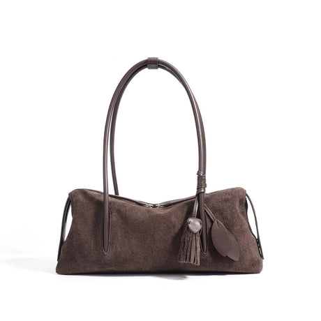 coffee Brown Nubuck Leather handbag with a tassel 