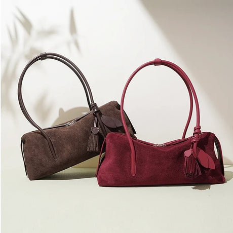Two handbags, one Nubuck coffee brown and one Cherry Red