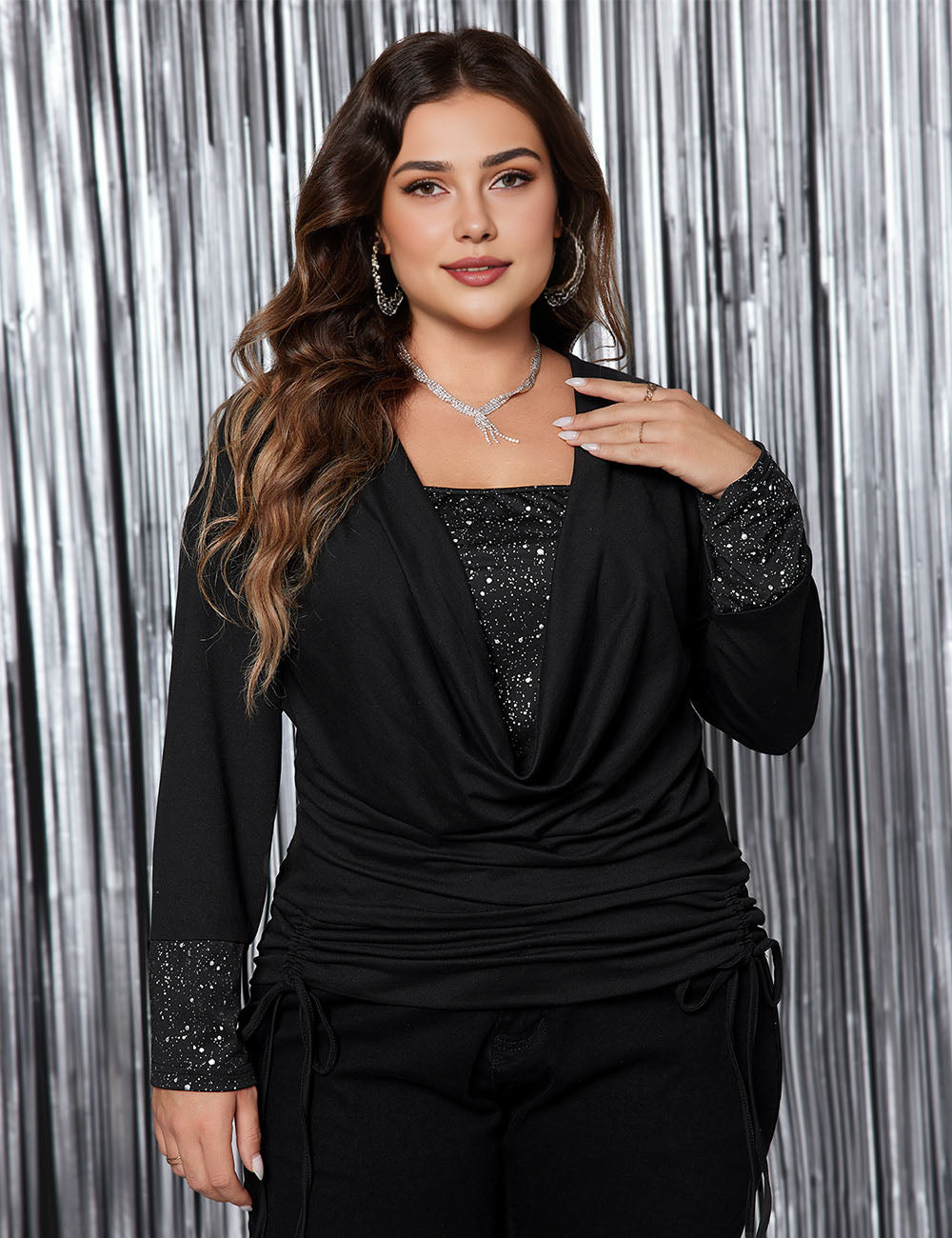 Womens Plus Size Draped Collar Glitter Panel Long sleeve Tee | PRUSES-1