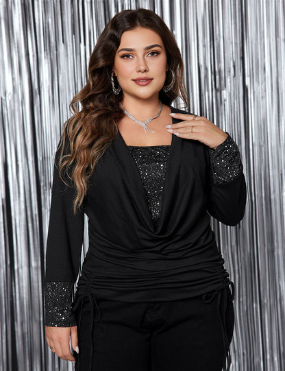 Womens Plus Size Draped Collar Glitter Panel Long sleeve Tee | PRUSES-1