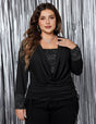 Womens Plus Size Draped Collar Glitter Panel Long sleeve Tee | PRUSES-1