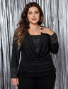 Womens Plus Size Draped Collar Glitter Panel Long sleeve Tee | PRUSES-1