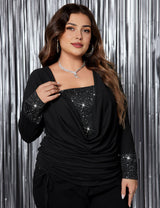 Womens Plus Size Draped Collar Glitter Panel Long sleeve Tee | PRUSES-5