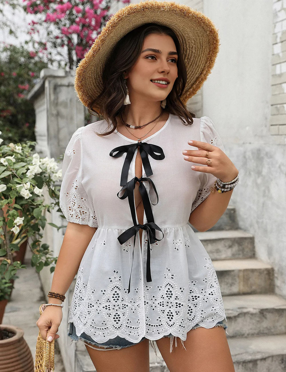 Womens Plus Size Eyelet Top With Bows | PRUSES-2