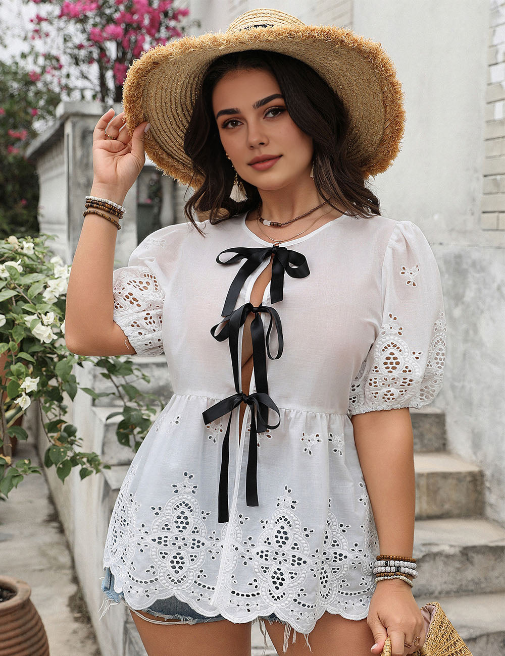 Womens Plus Size Eyelet Top With Bows | PRUSES