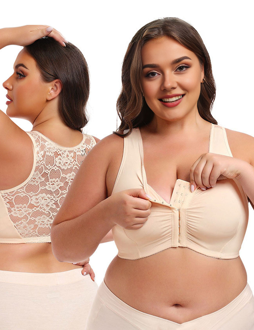 Womens Plus Size Front Clasp Lace Wirefree Tank Top Bra | PRUSES-2