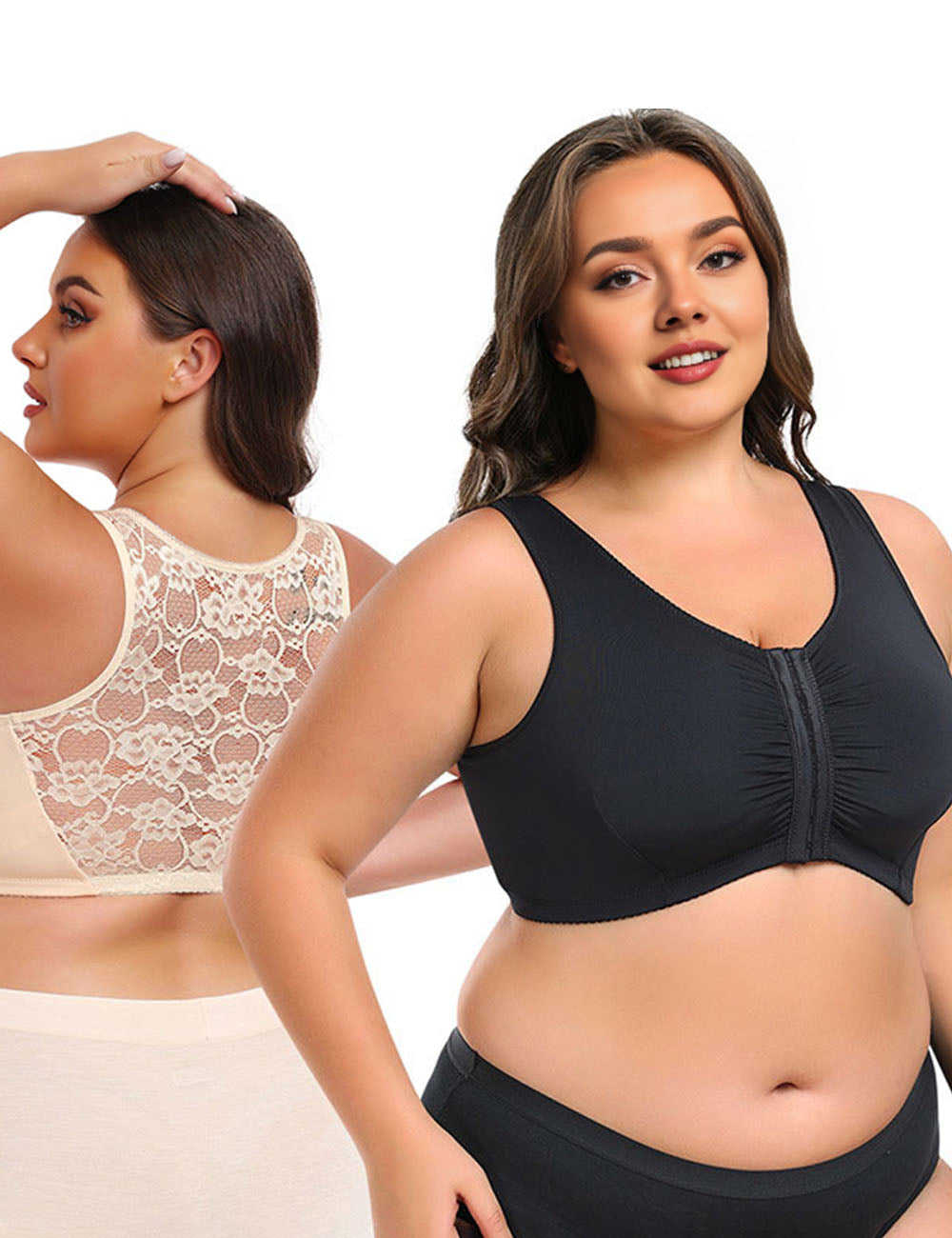 Womens Plus Size Front Clasp Lace Wirefree Tank Top Bra | PRUSES-3